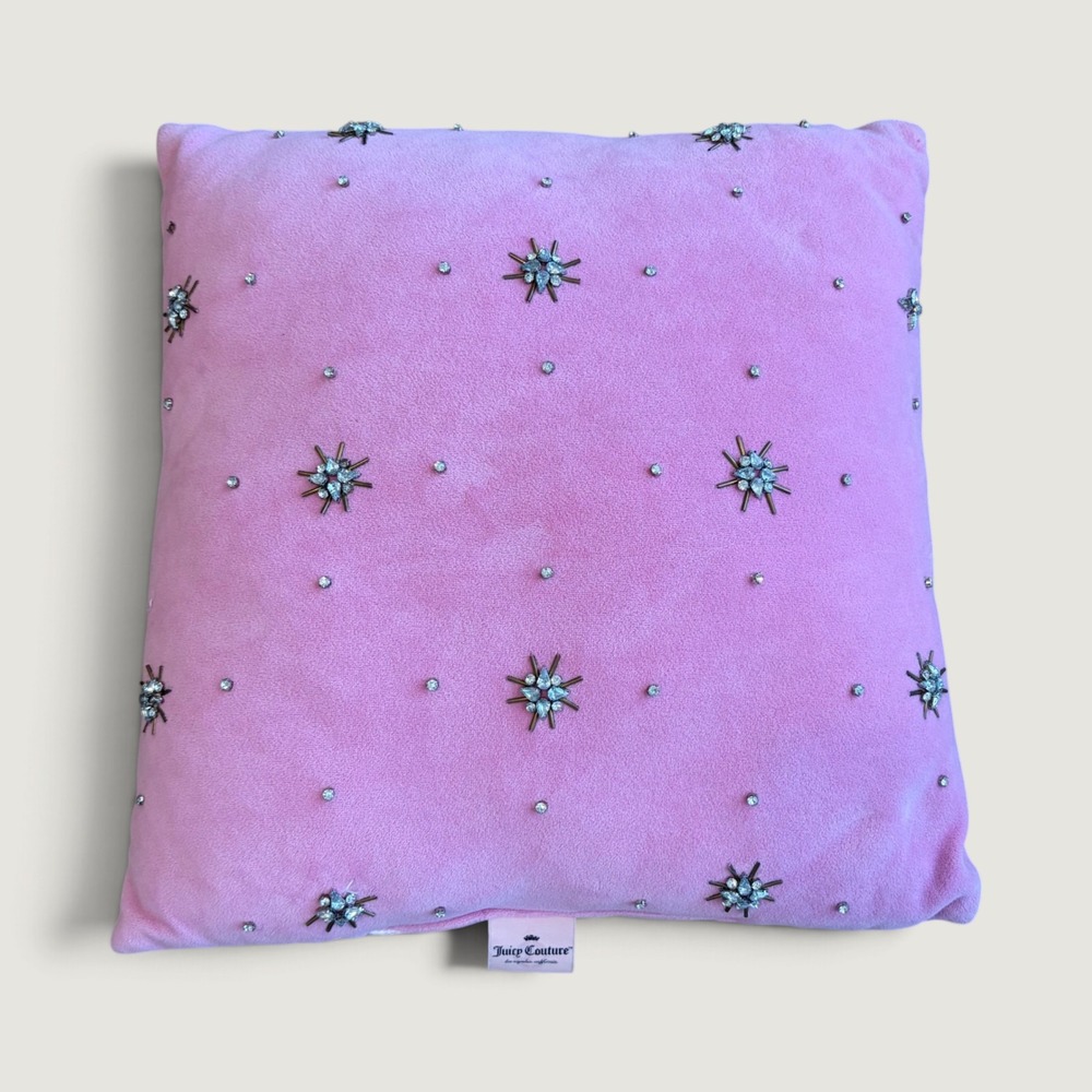 Y2K Juicy Couture Pink Velour Rhinestone Starburst Decorative Throw Pillow 12x12